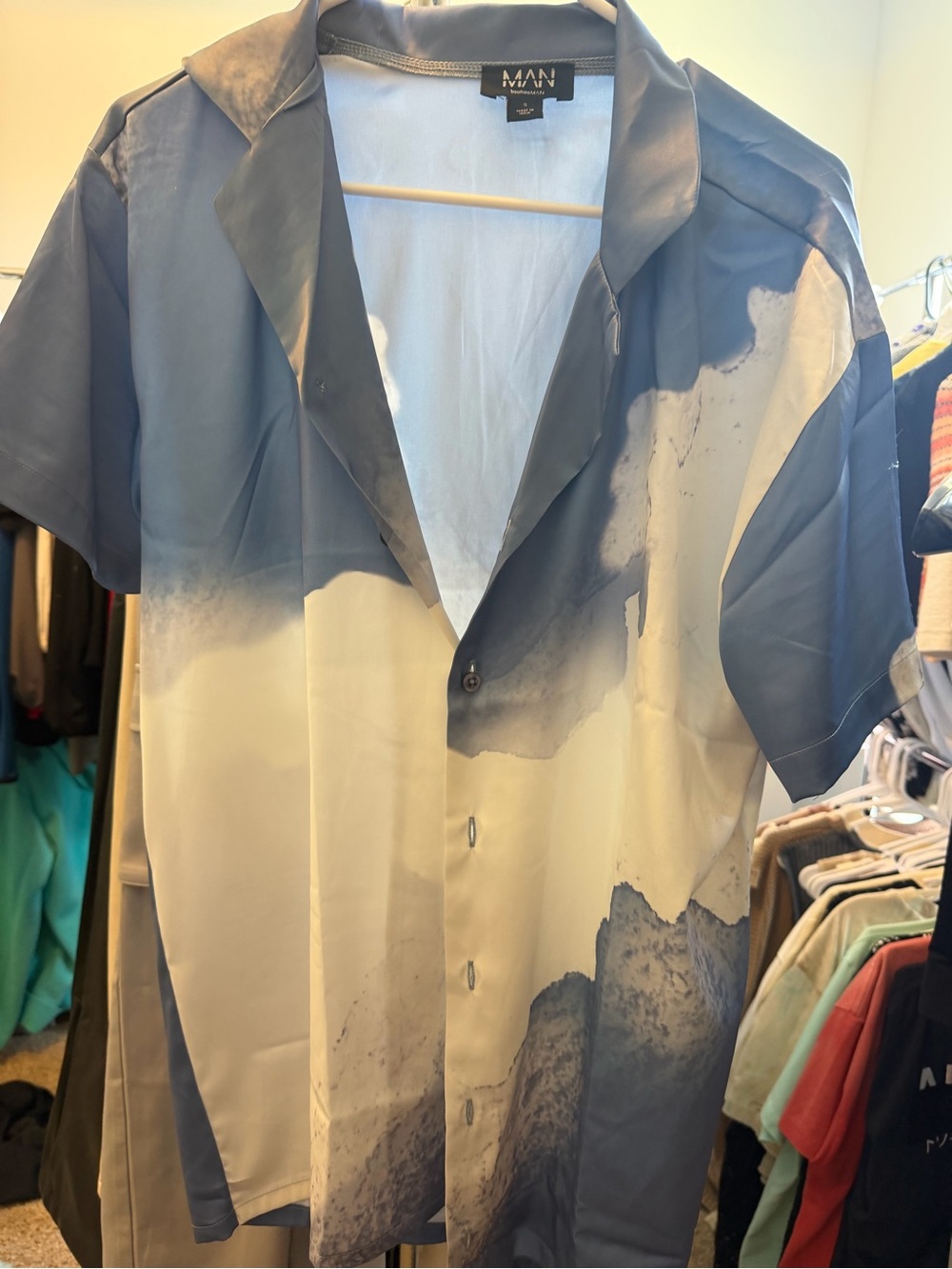Boohoo Mens Blue and White Ombre Short Sleeve Button-Down Shirt